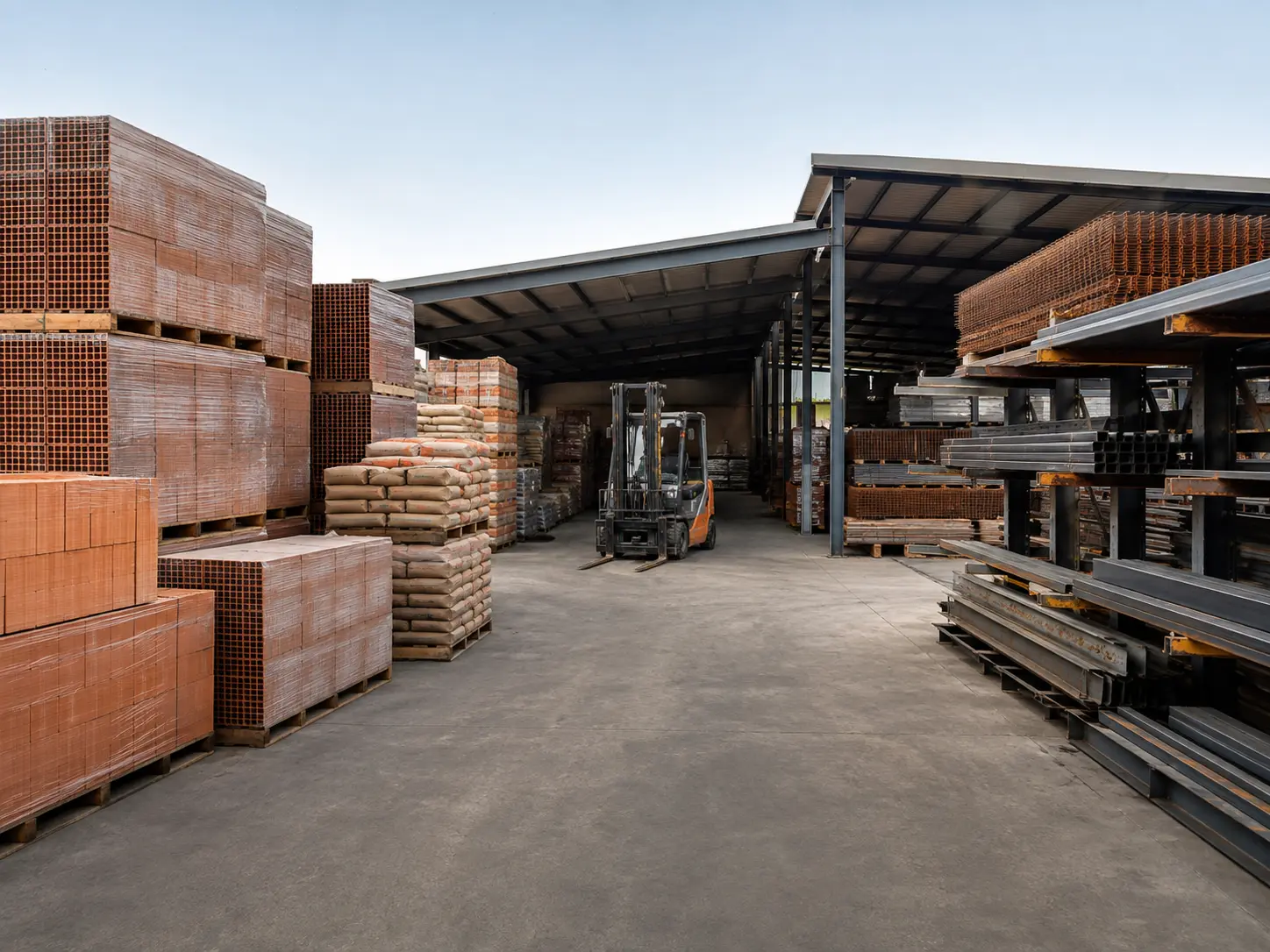Piazzale di materiali edili con bancali di laterizi, sacchi di malta, profili metallici e muletto.